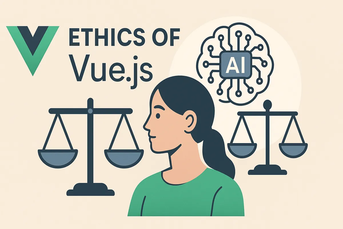 Here's a 16:9 SVG visualization depicting the ethics of Vue.js with AI. The image visually connects the two technologies while highlighting their shared ethical values and principles.